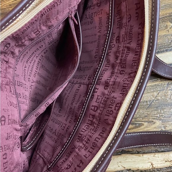 Etienne Aigner woven tan jute handbag with burgundy trim - Picture 15 of 16